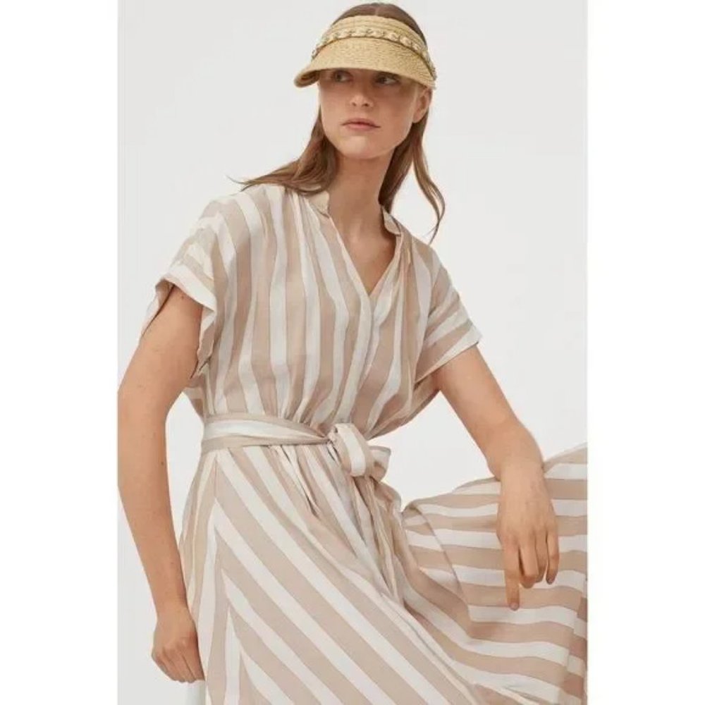 H&M Beige and White Striped Button Down Midi Dress XS